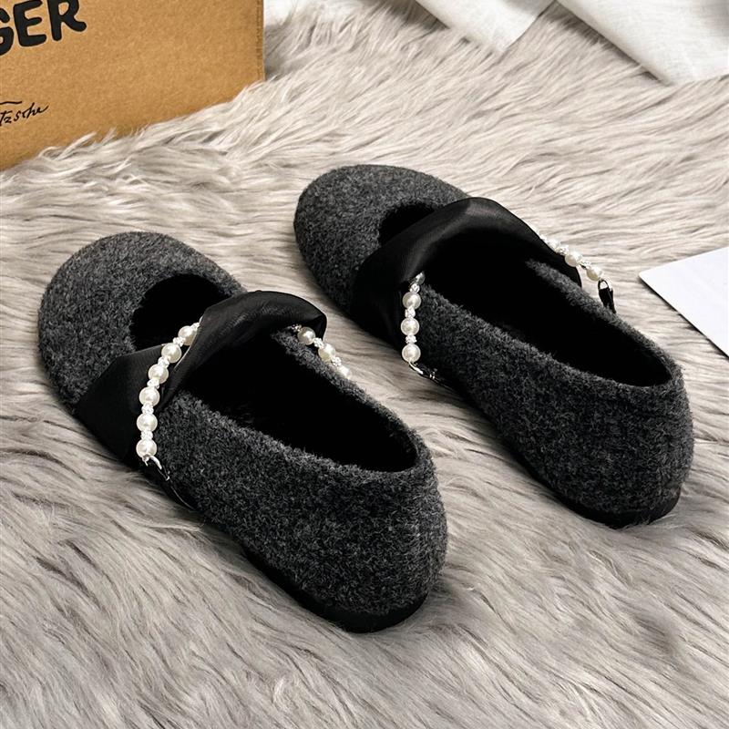 玛丽珍女鞋巨好看灰色配裙子的法式加绒单鞋毛毛鞋女外穿2025新款