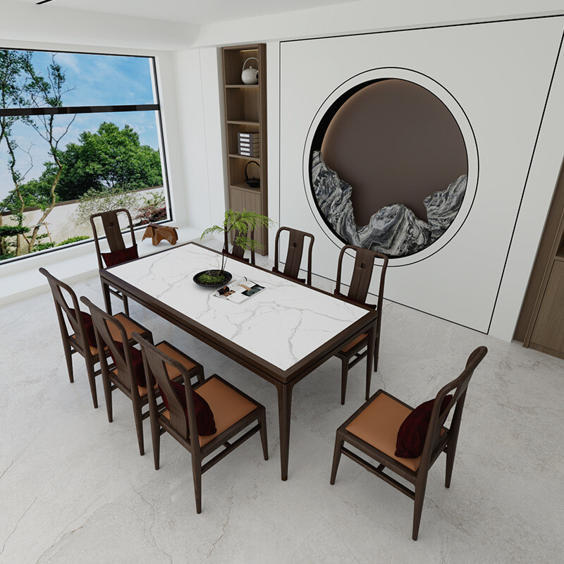 新中式实木餐桌椅组合长方形岩板饭桌现代简约轻奢餐桌家用样板房