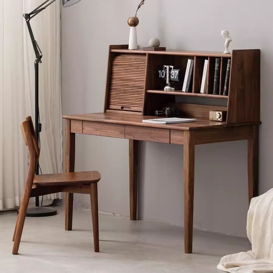 黑胡桃木实木书桌北欧原木书架组合书桌简约一体梳妆台学生写字桌