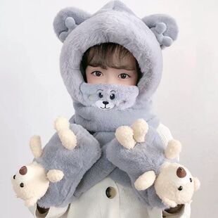 儿童帽子围巾一体连帽女童男童秋冬季加厚保暖可爱熊萌宝宝三件套