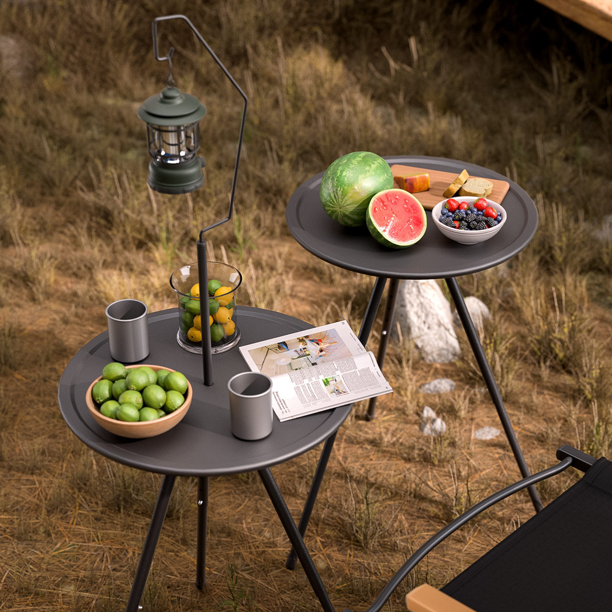 新款户外折叠小圆桌便携可升降露营桌子野营装备野餐双层带灯架茶