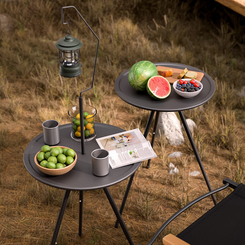 新款户外折叠小圆桌便携可升降露营桌子野营装备野餐双层带灯架茶