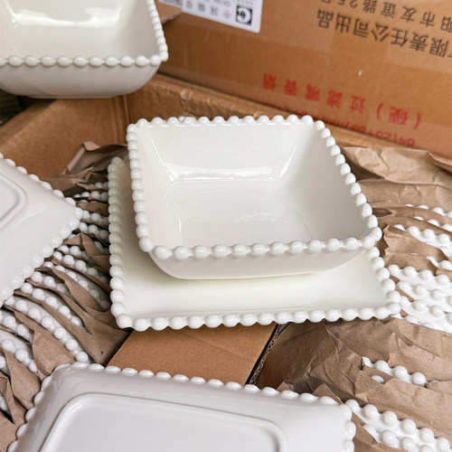 德化纯白珠点陶瓷甜品碗盘西餐水果沙拉碗蛋糕6英寸早餐碗燕麦片