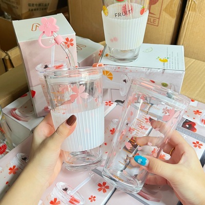 早餐杯燕麦牛奶杯刻度樱花水杯