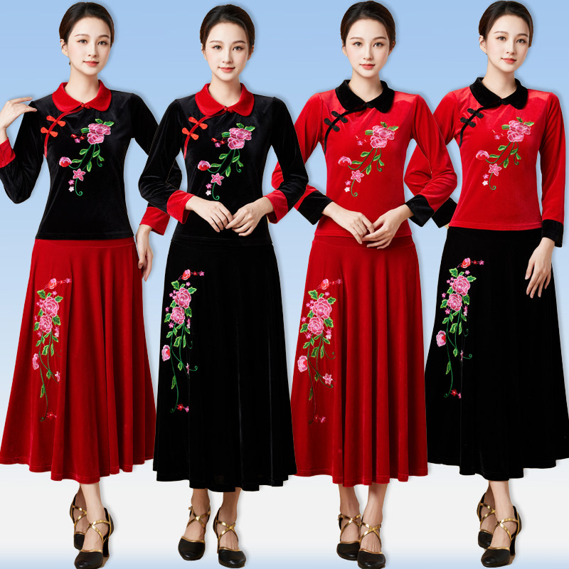 广场舞服装新款套装秋冬加厚金丝绒民族刺绣舞蹈服韩国绒团队跳舞