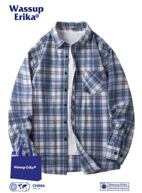WASSUP ERIKA日系蓝色格子衬衫男士春秋复古翻领衬衣宽松休闲外套
