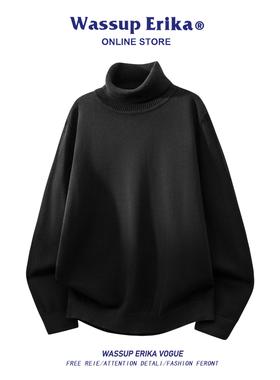 WASSUP ERIKA纯棉黑色高领毛衣男秋冬内搭针织衫休闲百搭纯色上衣