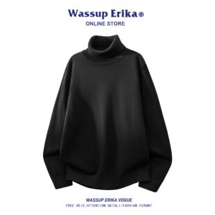 WASSUP ERIKA纯棉黑色高领毛衣男秋冬内搭针织衫休闲百搭纯色上衣