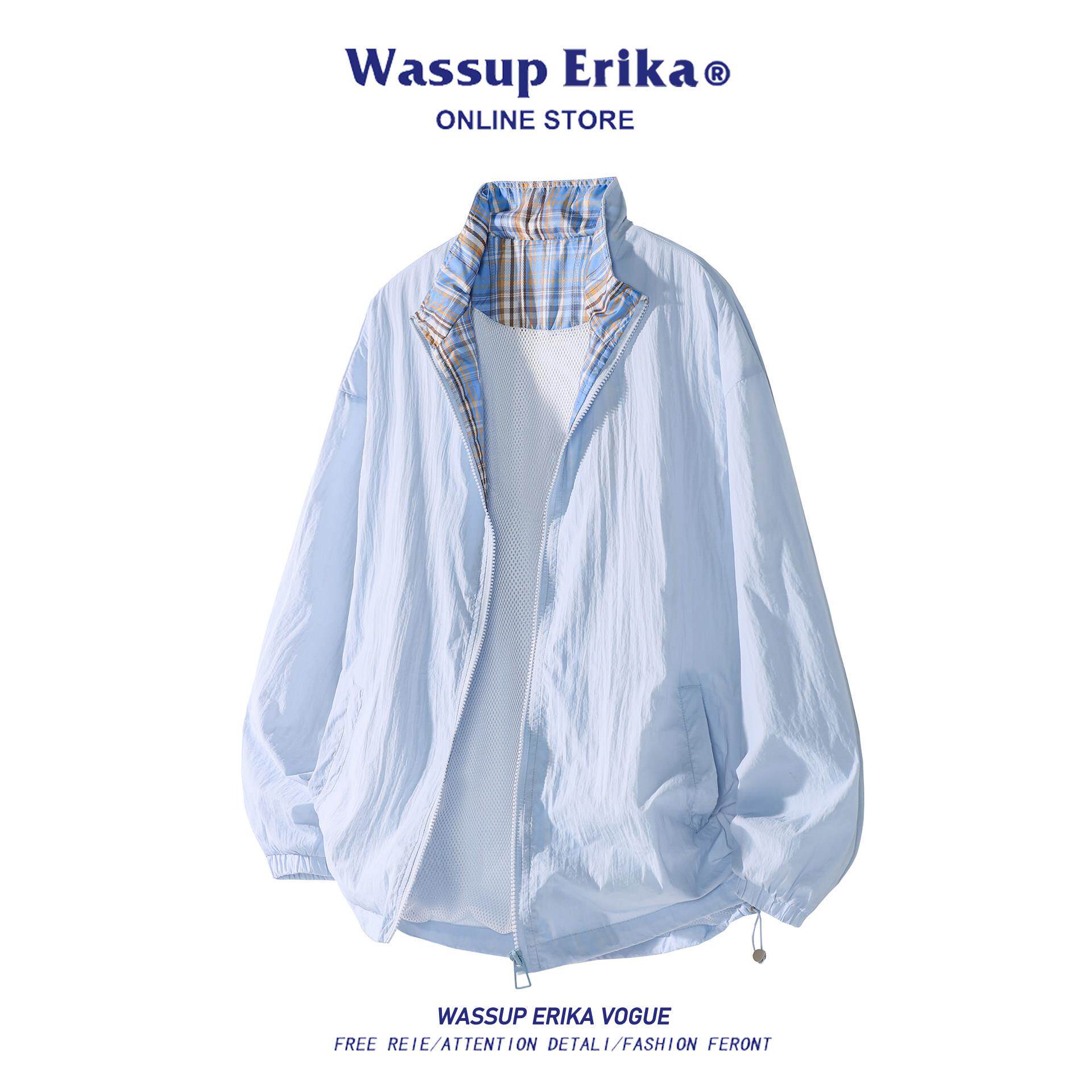 WASSUP ERIKA蓝色防晒衣夹克男夏季格子拼接设计感翻领情侣防晒服