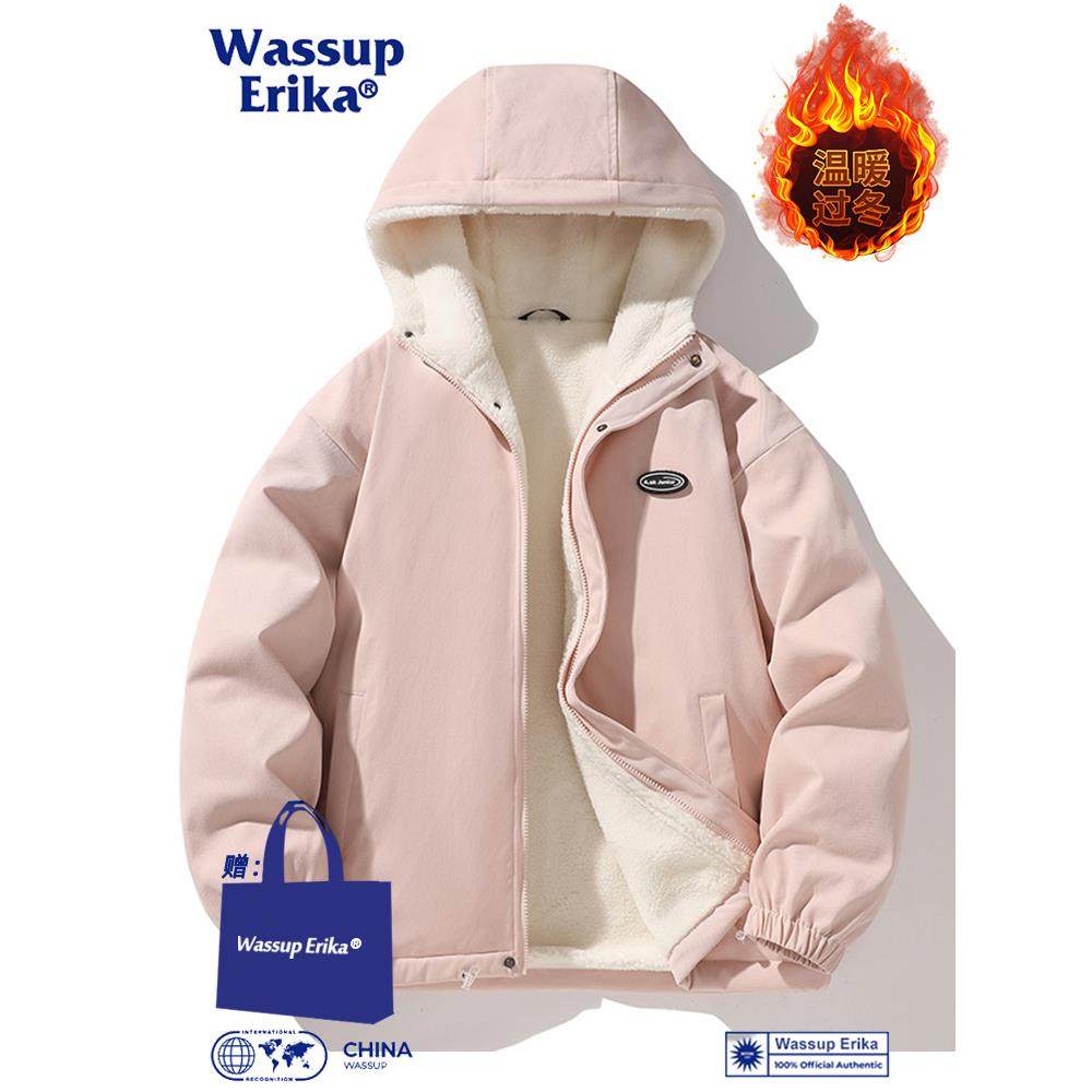 WASSUP ERIKA加厚连帽粉色棉袄男冬季保暖防风夹克羊羔绒情侣外套,男装,棉衣,淘宝优惠券,粉丝福利购,淘宝优惠卷