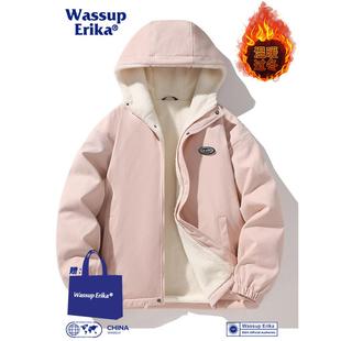 WASSUP ERIKA加厚连帽粉色棉袄男冬季保暖防风夹克羊羔绒情侣外套