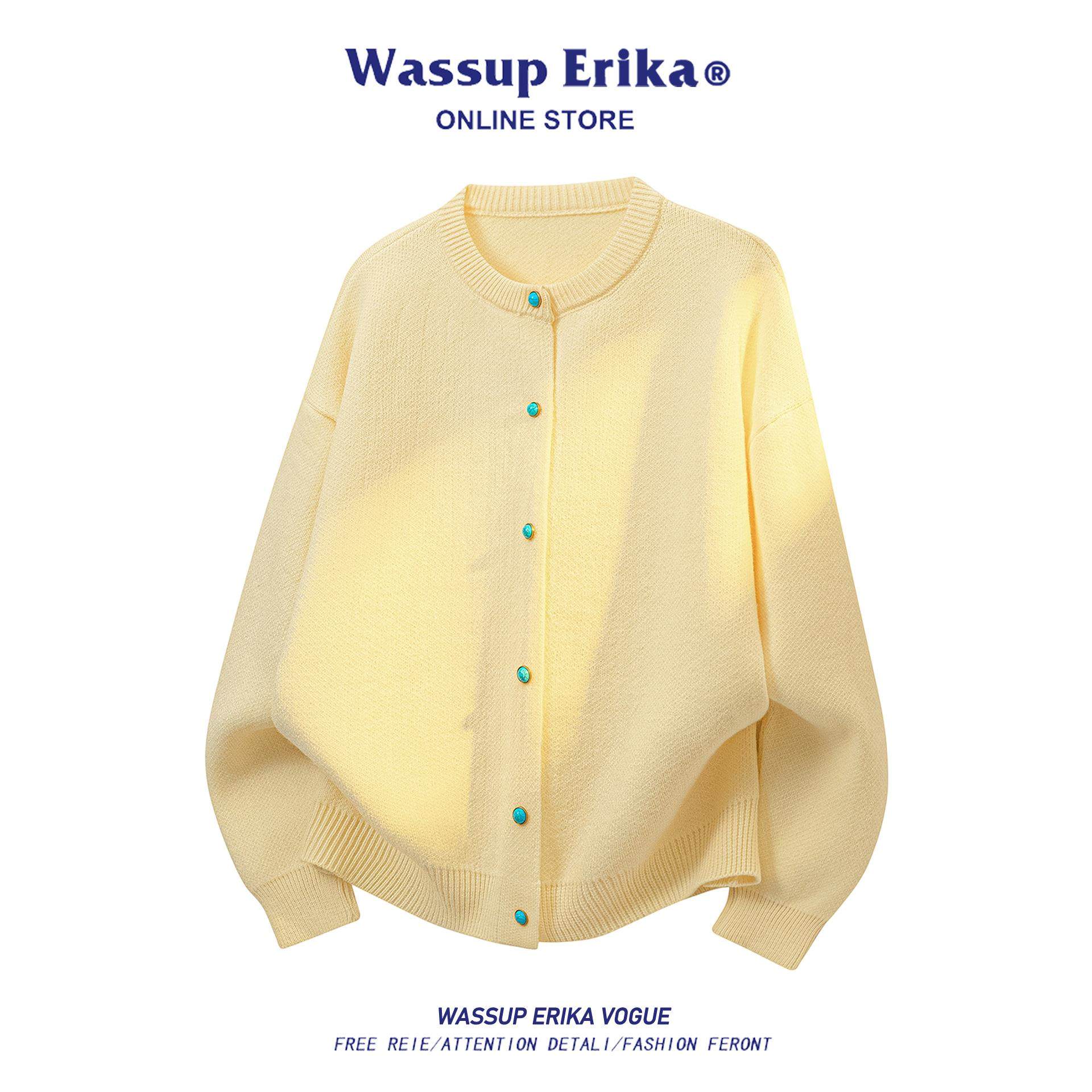 WASSUP ERIKA秋冬季外穿针织开衫男美式简约黄色慵懒圆领毛衣外套
