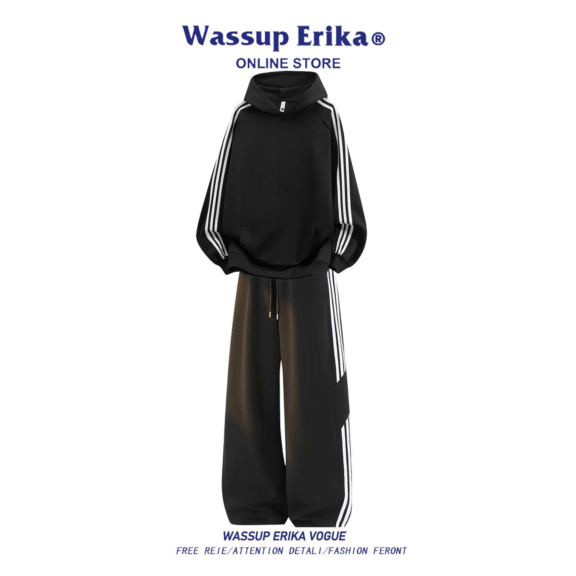 WASSUP ERIKA韩系休闲运动套装一整套男秋季情侣黑色条纹两件套女