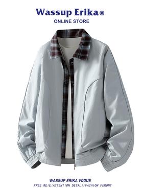 WASSUP ERIKA韩系流行蓝色拼接格子外套男早秋休闲复古风情侣夹克