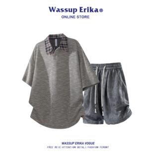 休闲男装 WASSUP 穿搭灰色短裤 美式 ERIKA独特超好看t恤套装 男夏季