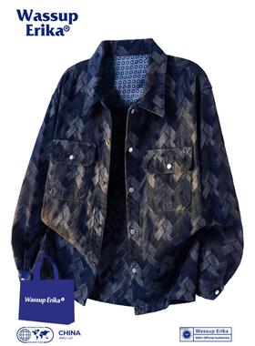WASSUP ERIKA满印牛仔外套男春秋提花蓝色夹克休闲翻领上衣