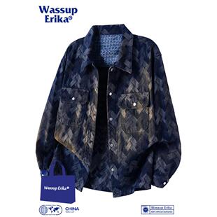 ERIKA满印牛仔外套男春秋提花蓝色夹克休闲翻领上衣 WASSUP