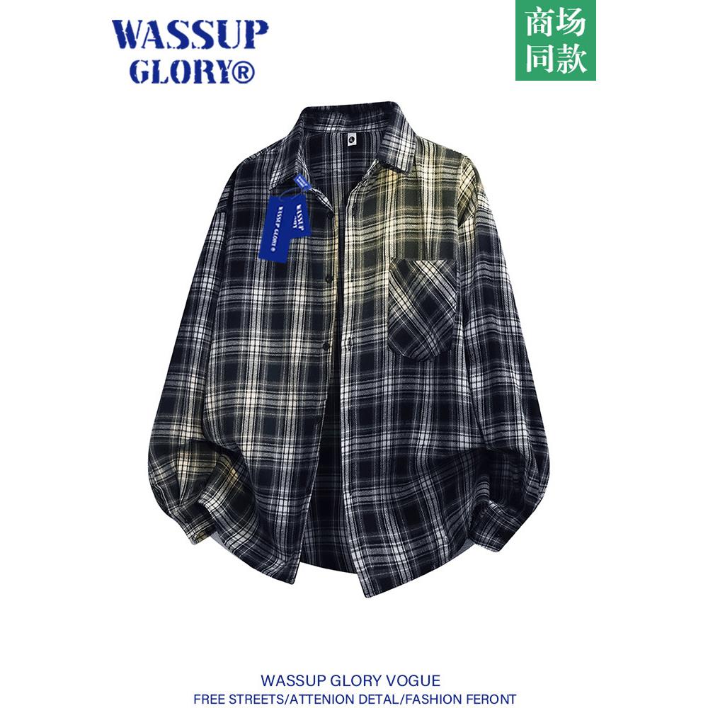 WASSUP GLORY美式复古格子衬衫男长袖春季宽松慵懒风休闲衬衣外套
