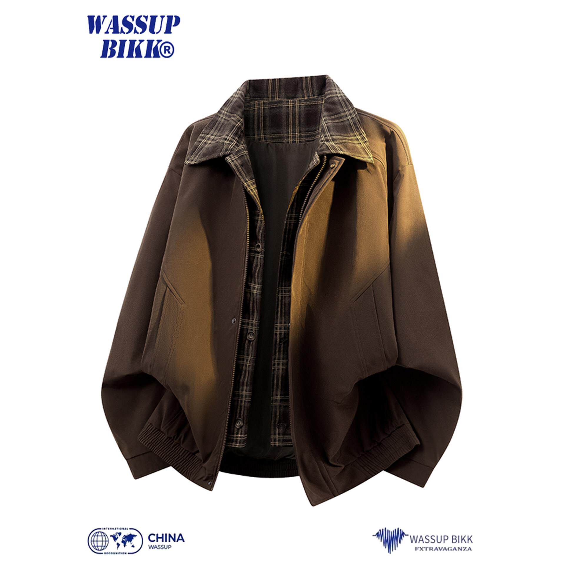 WASSUP BIKK美式棕色拼接假两件翻领外套男春秋潮牌宽松工装夹克