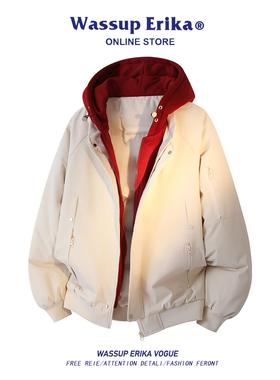 WASSUP ERIKA羽绒棉服男2025新款秋冬学生假两件加厚棉衣杏色外套
