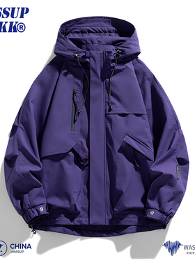 WASSUP BIKK紫色冲锋衣男女春秋潮牌户外工装登山服连帽夹克外套