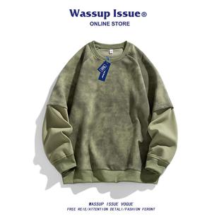 WASSUP ISSUE复古潮牌麂皮绒圆领卫衣春秋男款美式宽松百搭上衣男