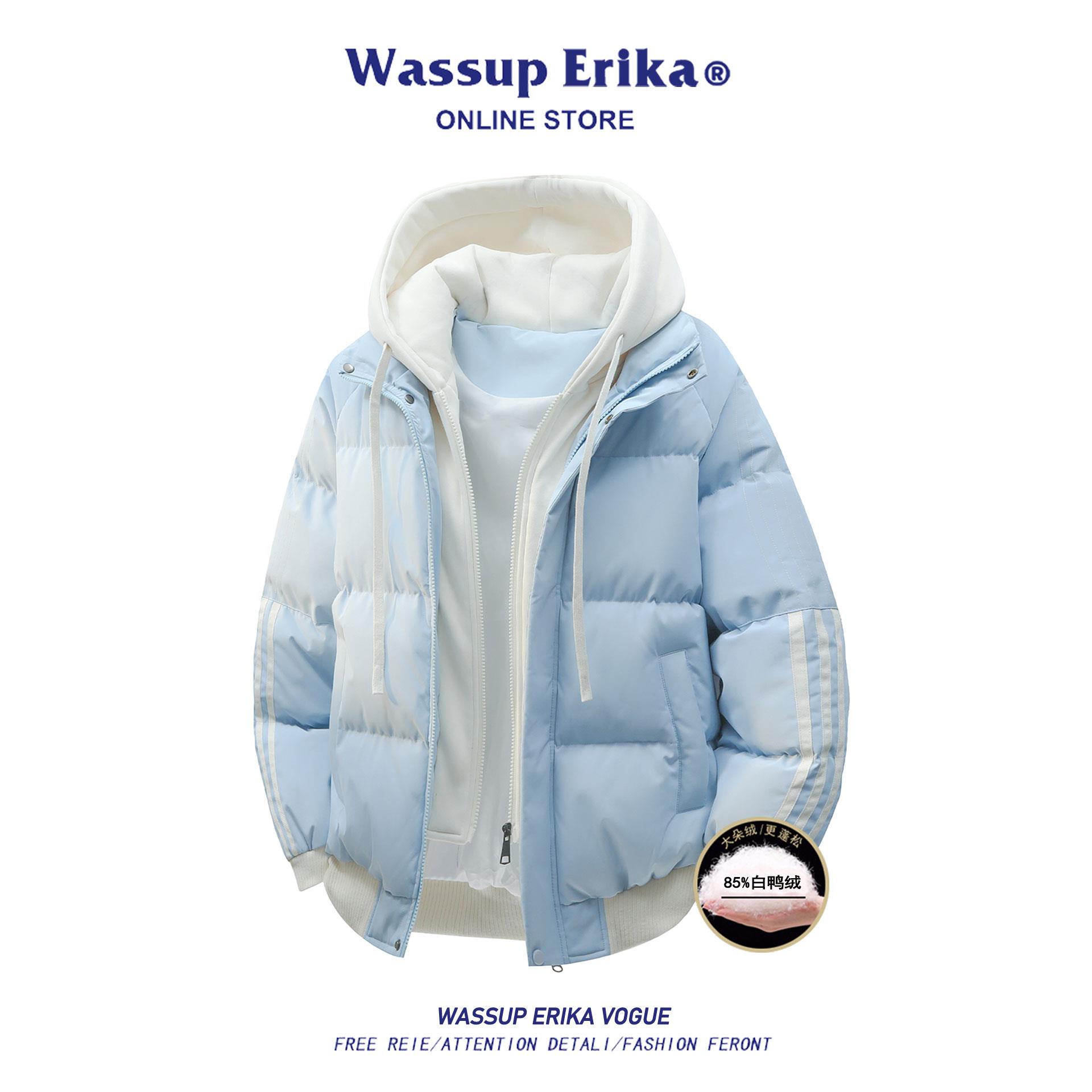 WASSUP ERIKA假两件蓝色条纹羽绒服男冬季新款加绒加厚保暖外套女