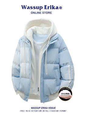 WASSUP ERIKA假两件蓝色条纹羽绒服男冬季新款加绒加厚保暖外套女