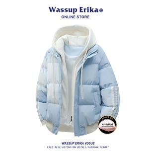 WASSUP ERIKA假两件蓝色条纹羽绒服男冬季新款加绒加厚保暖外套女