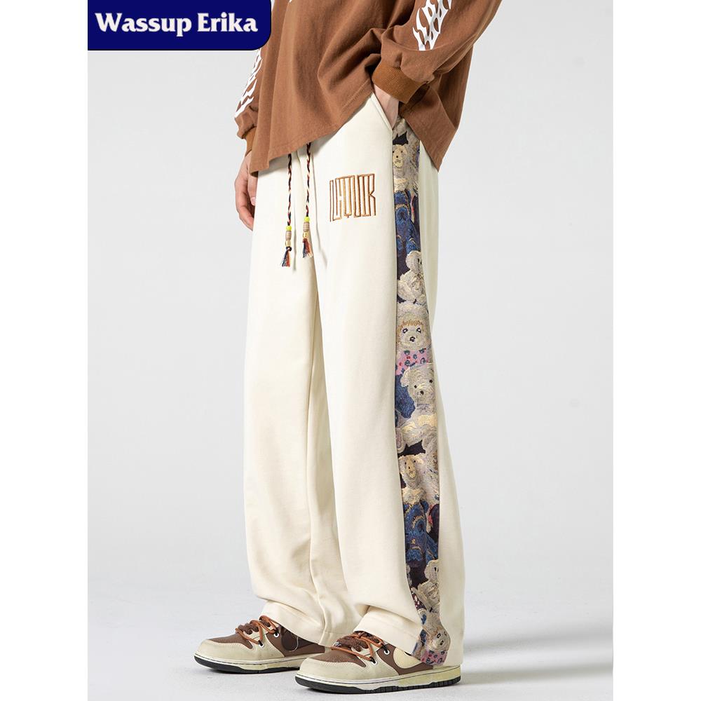 WASSUP ERIKA卡通小熊刺绣裤子直筒阔腿男士长裤秋季休闲运动裤男