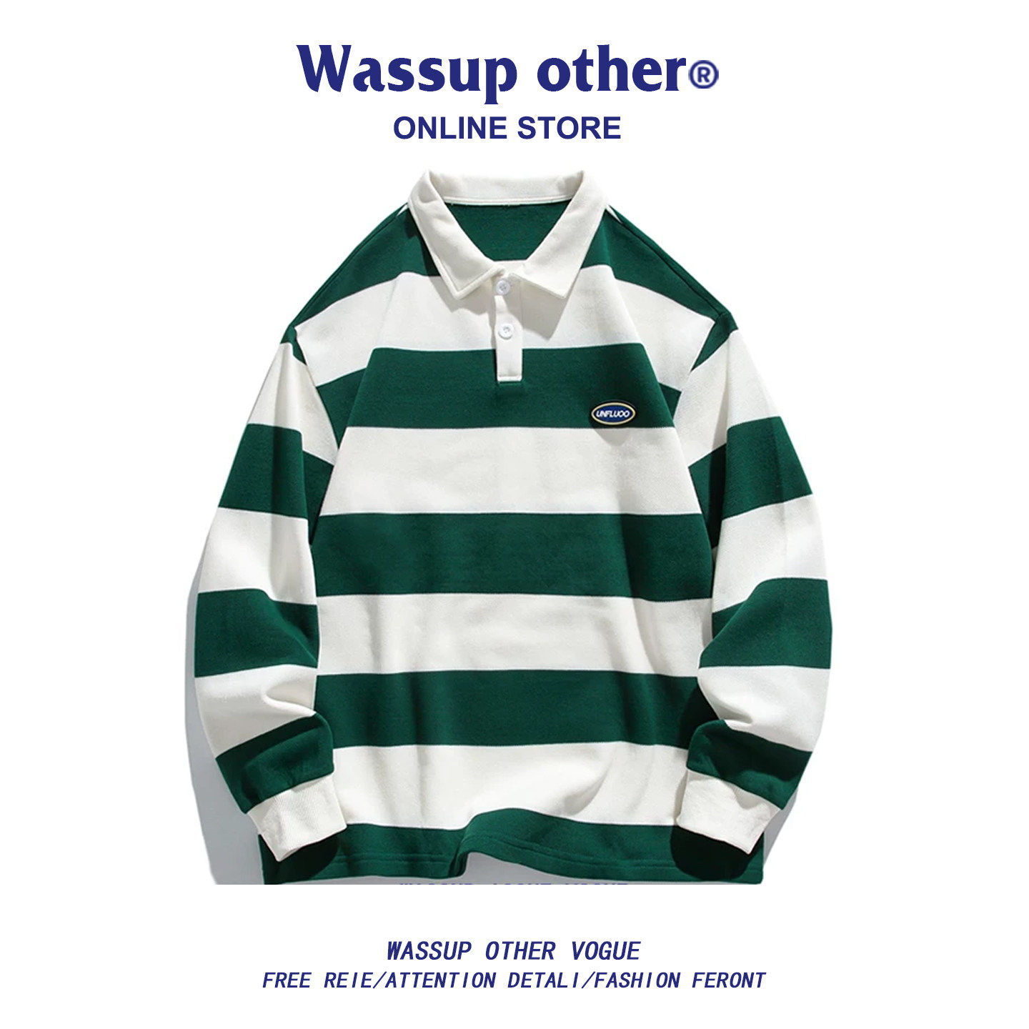 WASSUP OTHER日系条纹翻领卫衣男款春秋宽松拼色polo衫长袖上衣男