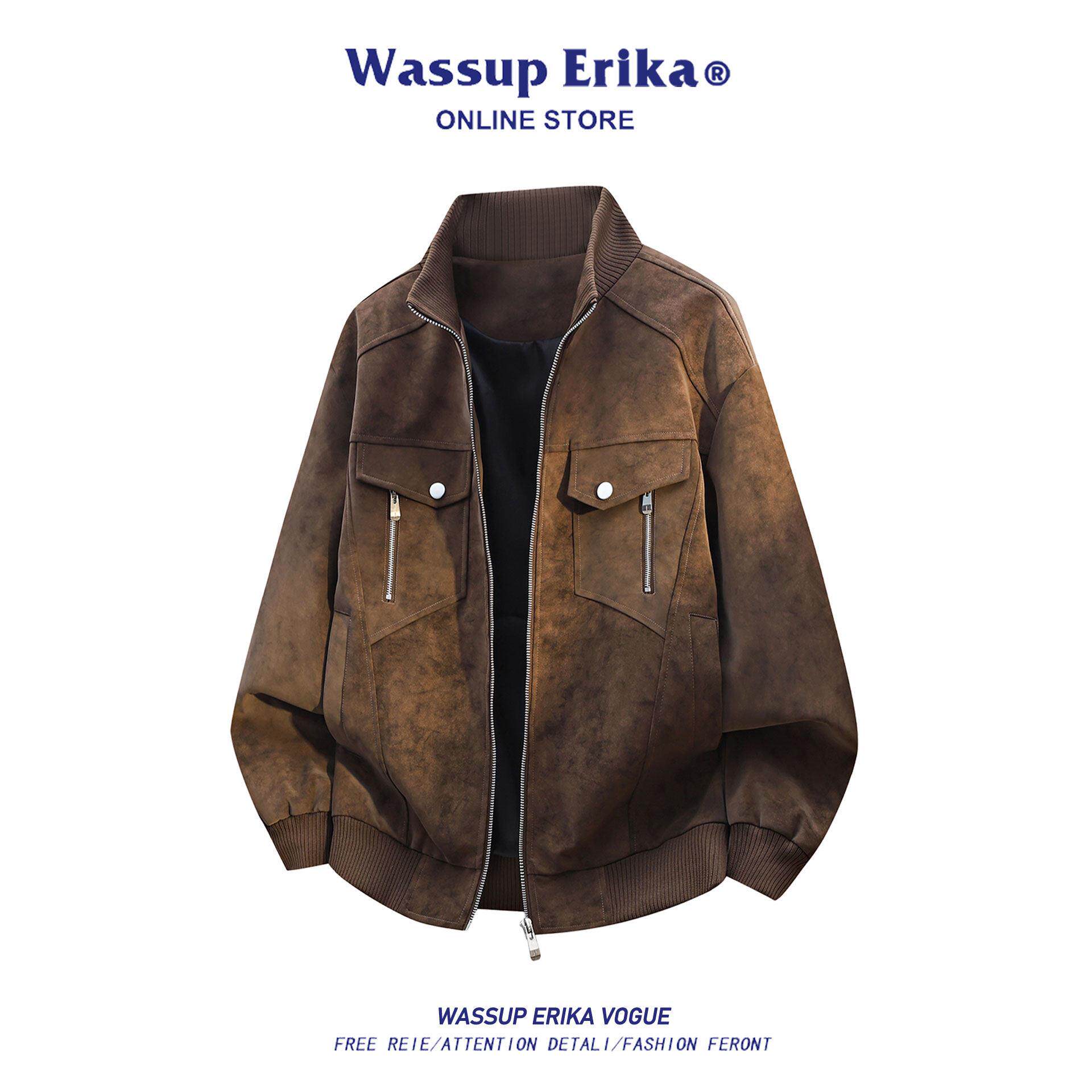 WASSUP ERIKA美式扎染复古风立领夹克男款2026春季工装pu皮衣外套