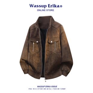 WASSUP ERIKA美式扎染复古风立领夹克男款2026春季工装pu皮衣外套