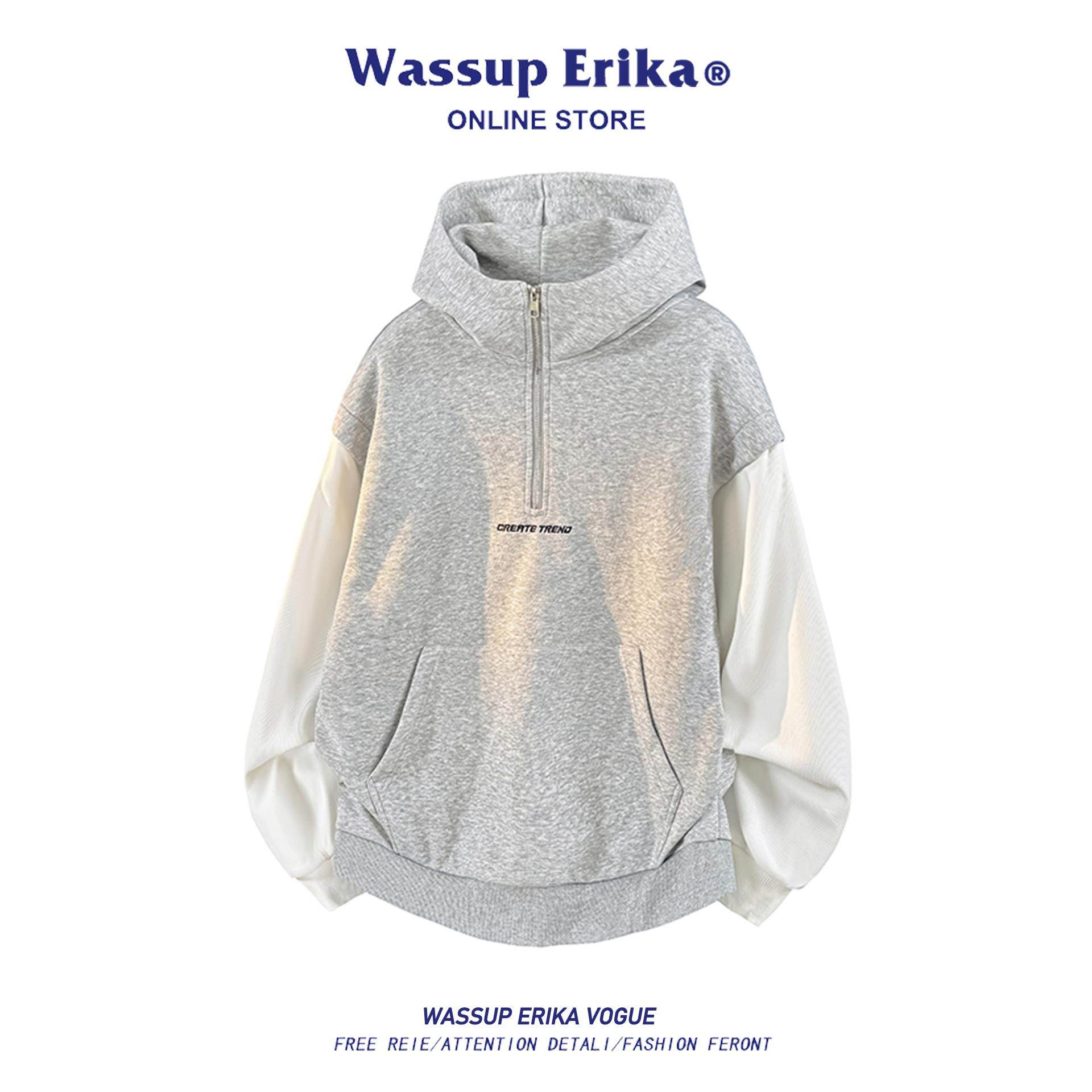 WASSUP ERIKA美式半拉链超好看卫衣男秋季新款灰色连帽上衣套头衫