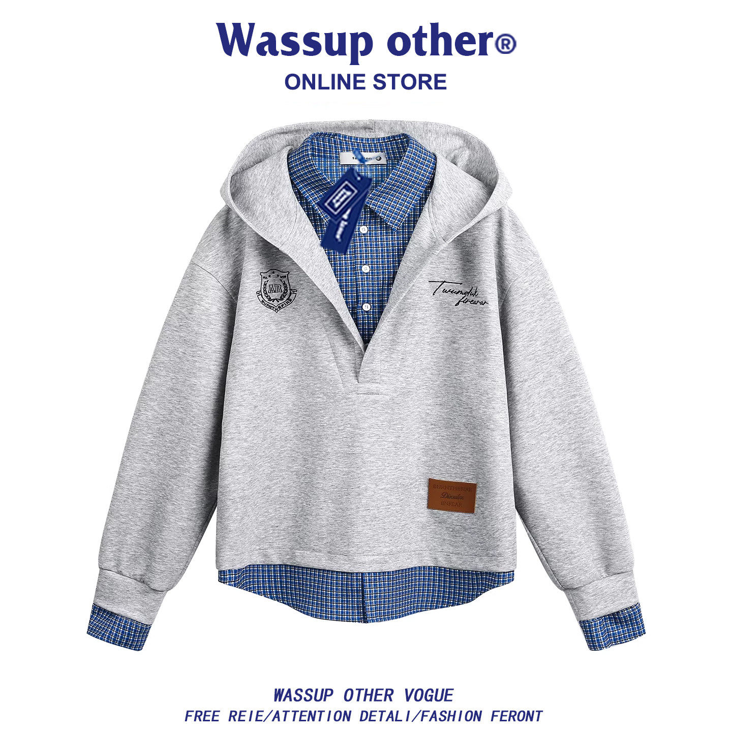 WASSUP OTHER美式360克重磅假两件连帽卫衣男款春秋开衫情侣外套