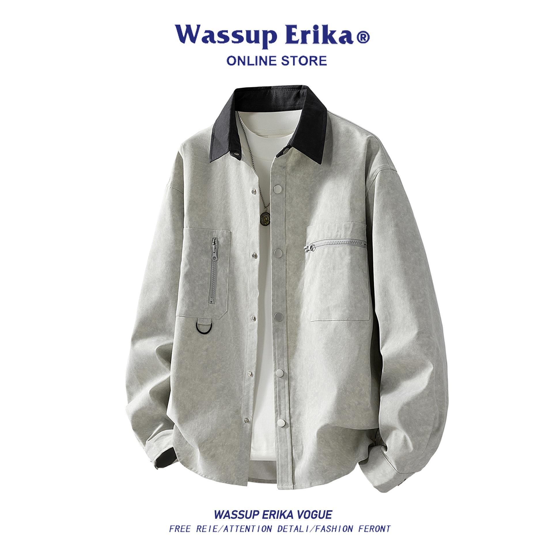 WASSUP ERIKA美式工装浅灰色衬衫男秋季长袖翻领衬衣复古开衫外套
