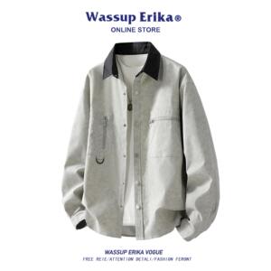 WASSUP ERIKA美式工装浅灰色衬衫男秋季长袖翻领衬衣复古开衫外套