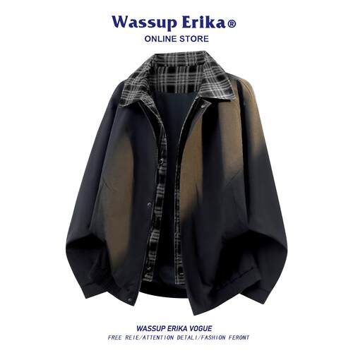 WASSUP ERIKA美式假两件巴恩风夹克男款秋季拼接格子设计潮牌外套