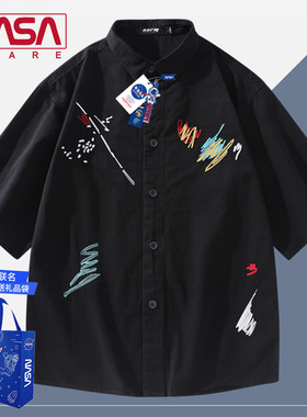 NASAB-EARE纯棉短袖衬衫男新款刺绣翻领t恤宽松休闲百搭情侣外套