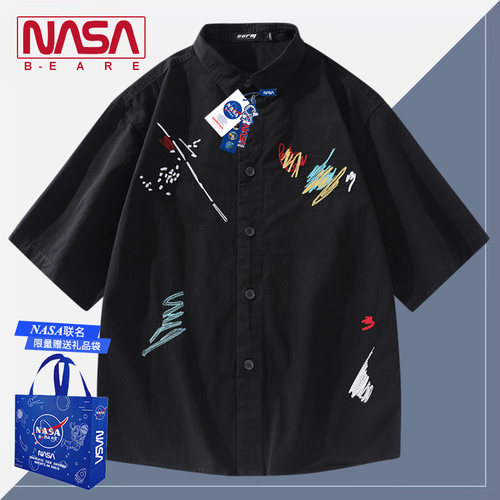 NASAB-EARE纯棉短袖衬衫男新款刺绣翻领t恤宽松休闲百搭情侣外套