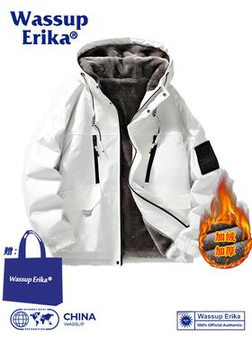 WASSUP ERIKA男士外套秋冬季加绒加厚冲锋衣棉服冬款连帽工装夹克
