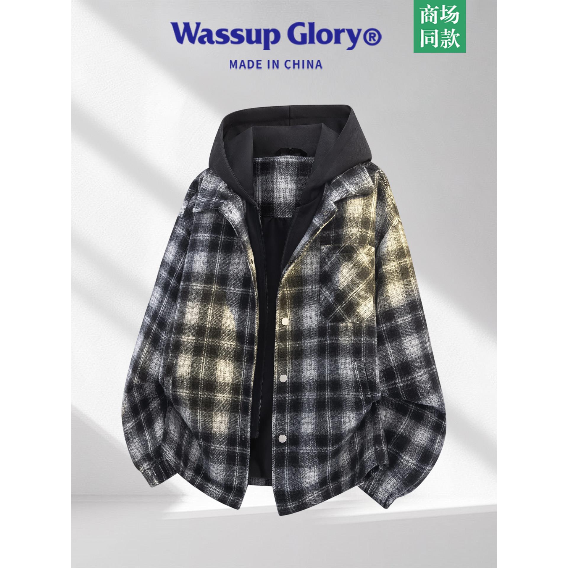 WASSUP GLORY假两件连帽夹克男春季美式复古格子撞色拼接休闲外套