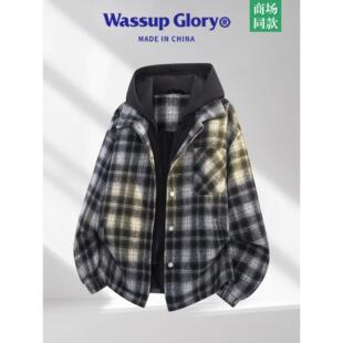 美式 复古格子撞色拼接休闲外套 GLORY假两件连帽夹克男春季 WASSUP