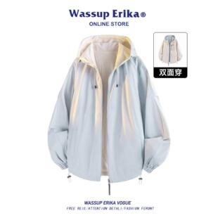 WASSUP ERIKA蓝色双面穿外套男春秋季连帽高级流行休闲运动夹克女