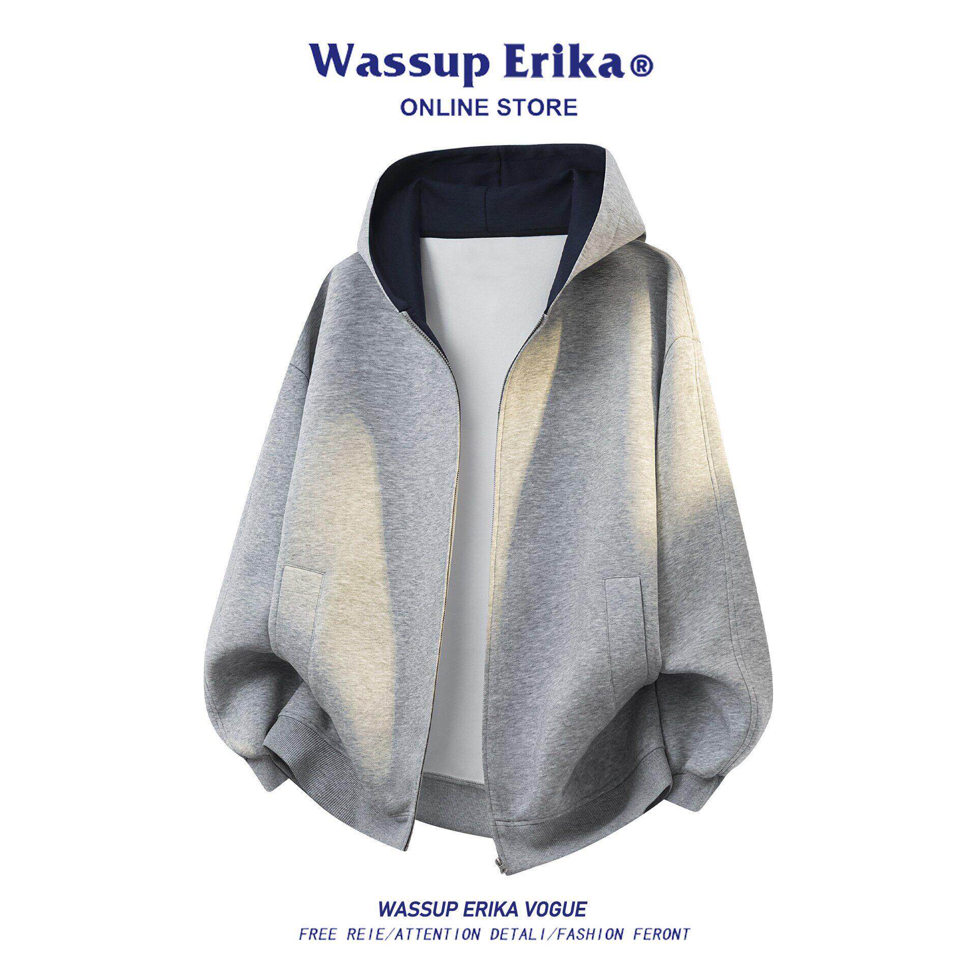 WASSUP ERIKA撞色连帽卫衣男女春季2026新款休闲重磅灰色开衫外套