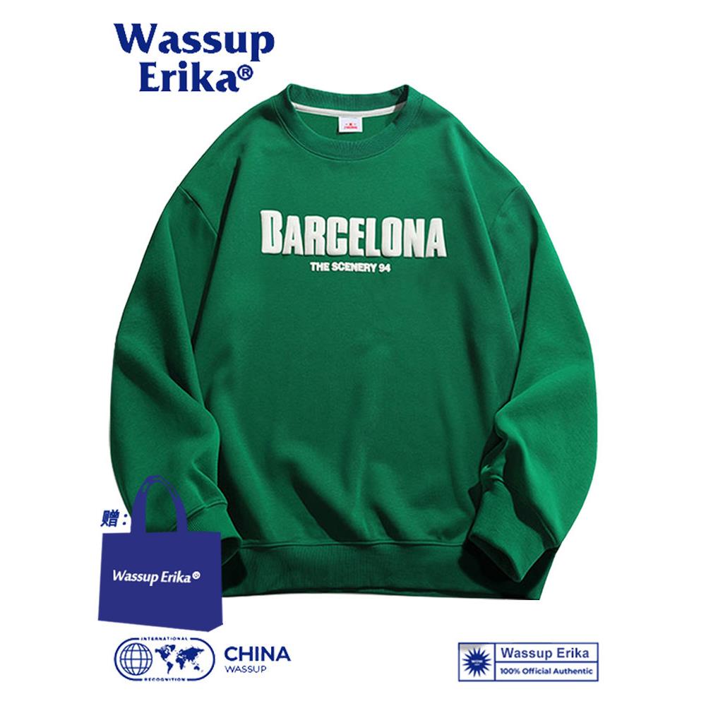 WASSUP ERIKA圆领BV绿卫衣男生春秋款发泡字母印花青少年长袖上衣