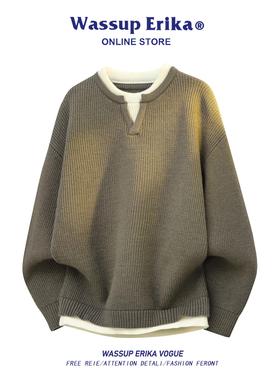 WASSUP ERIKA日系休闲假两件针织衫男秋季套头上衣情侣百搭毛衣女