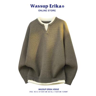 WASSUP ERIKA日系休闲假两件针织衫男秋季套头上衣情侣百搭毛衣女