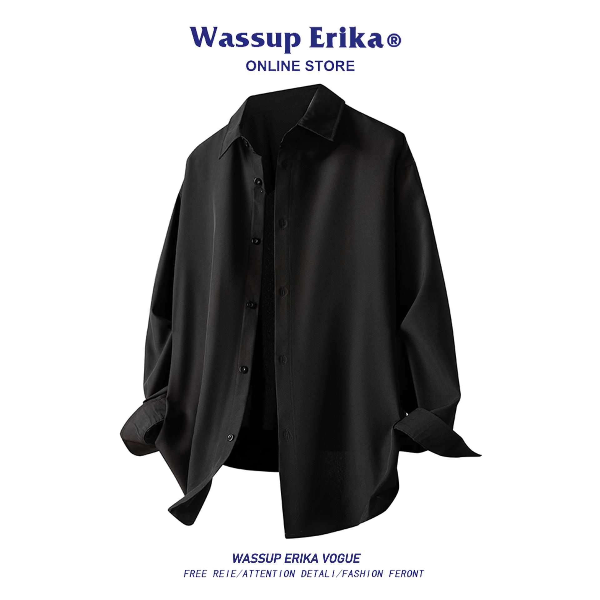 WASSUP ERIKA早秋黑色长袖衬衫男款新款翻领衬衣外套情侣休闲穿搭
