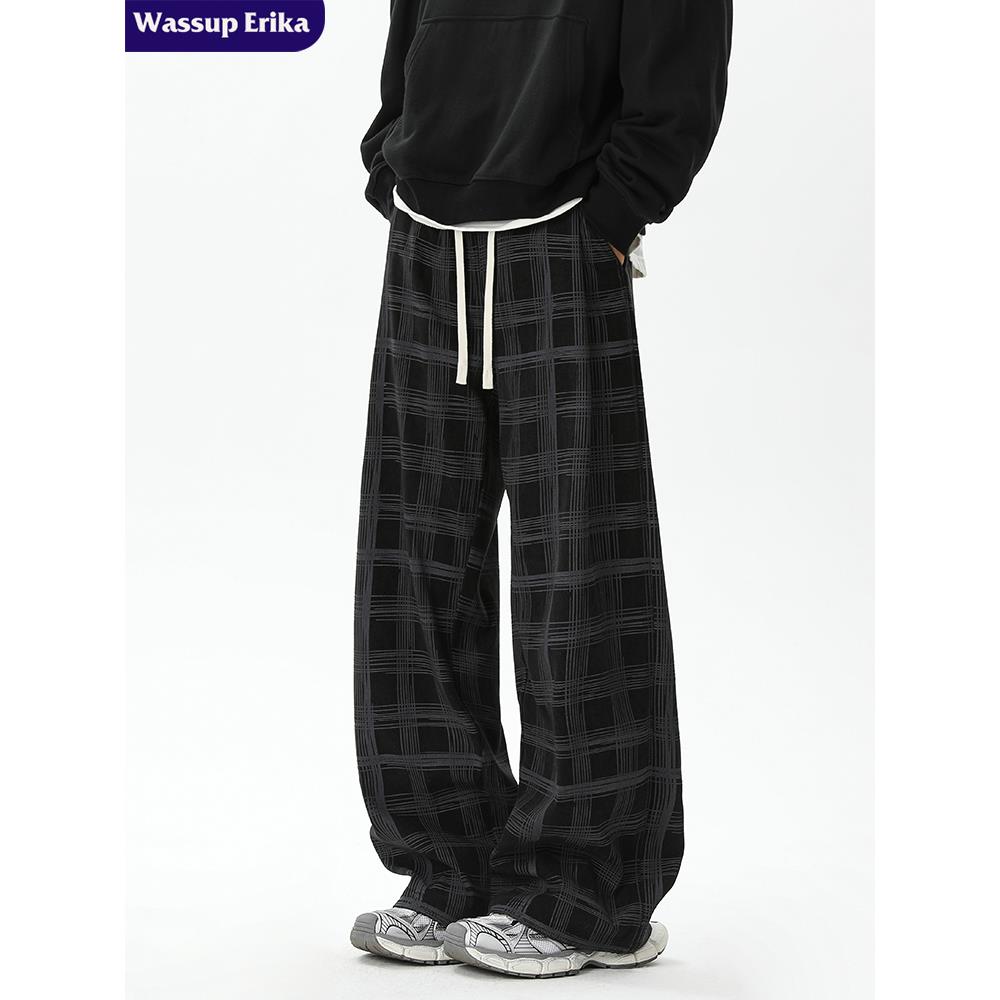 WASSUP ERIKA美式格子休闲卫裤男秋季阔腿复古运动裤潮牌直筒裤子